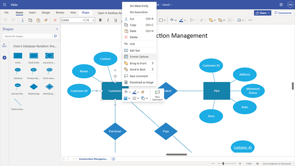 An image demonstrating how to right-click a shape or connector in a diagram to select Format Options.