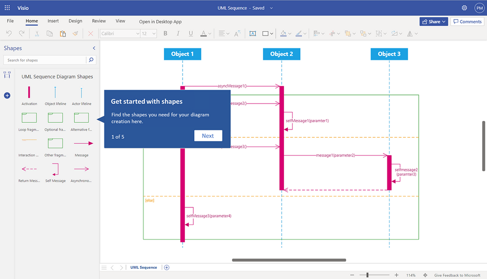 An image demonstrating the new Teaching Callouts feature (coming soon), which takes new users on a guided tour of how to get started in Visio for the web.
