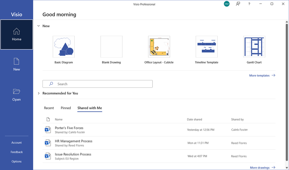 An image demonstrating how to access shared files from the Home tab: Select Shared with Me on the Home tab of the File menu.