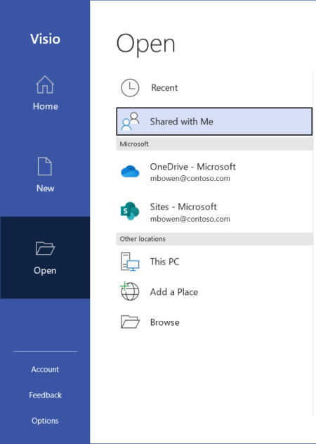 An image demonstrating how to access shared files from the Open tab: Select Shared with Me on the Open tab of the File menu.