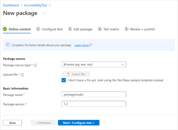 Screenshot showing the first step in creating a new package in Test Base for Microsoft 365: defining content