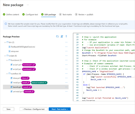 Screenshot of the package preview interface in Test Base for Microsoft 365