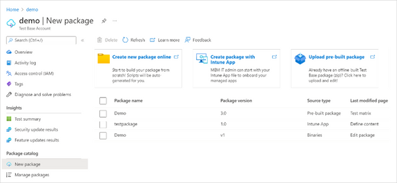 Screenshot showing that users can now create a package with an Intune app in Test Base for Microsoft 365