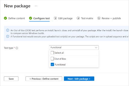 Screenshot showing a drop-down box in the test configuration pane in Test Base for Microsoft 365. The user can select functional, out of box, or select all.