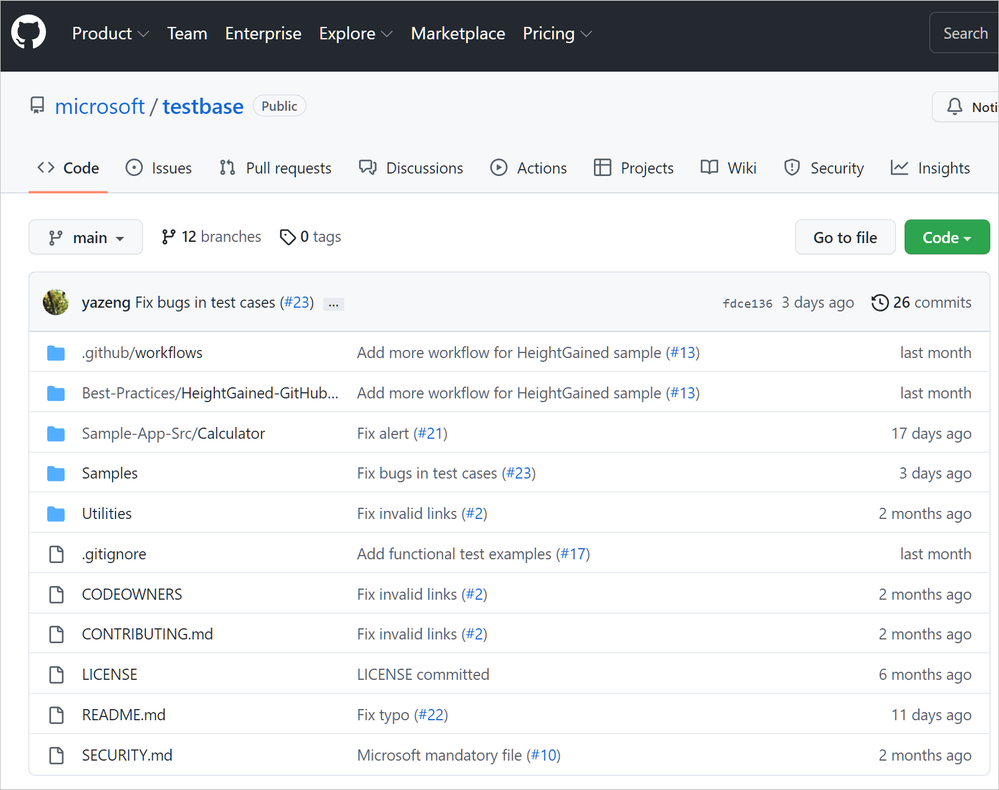 Screenshot of the Test Base GitHub repo