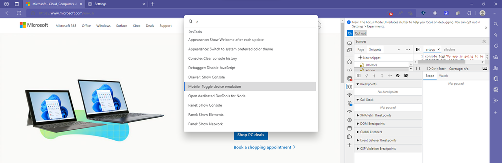screenshot of Microsoft Edge on the Microsoft website with the Command Palette options visible and the DevTools panel open