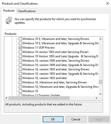 Screenshot of the Products and Classifications interface in the Configuration Manager console. "Windows 11 UUP Preview" is listed and selected.