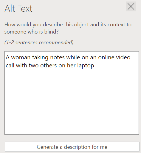 Alt text pane with text "How would you describe this object and its context to someone who is blind?"