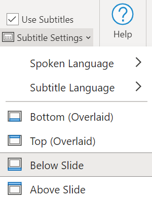 PowerPoint subtitle settings: Spoken Language, Subtitle Language and subtitle positions