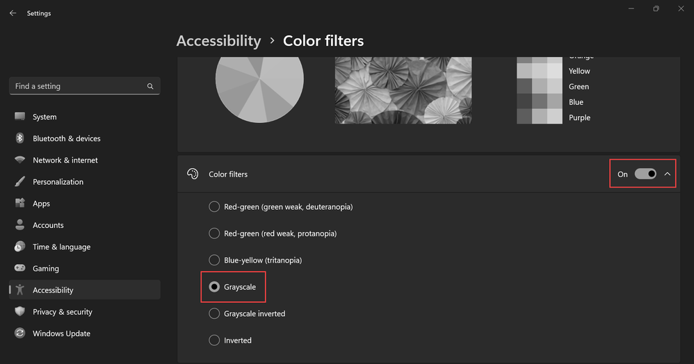 Windows Color filters in Settings