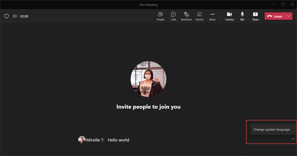 Change spoken language button in a Microsoft Teams meeting