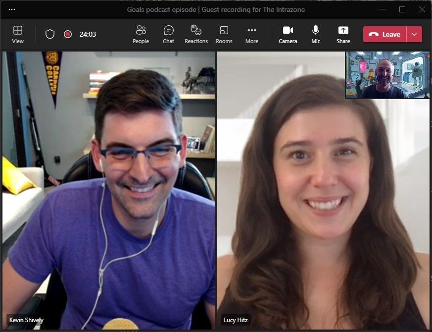 Intrazone guests + host, left-to-right: Lucy Hitz (product marketing for Viva Goals - Microsoft) [guest], Kevin Shively (Vice President of marketing for Viva Goals - Microsoft), and Mark Kashman (Senior product manager – Microsoft) [host] – recording the guest segment via Microsoft Teams.