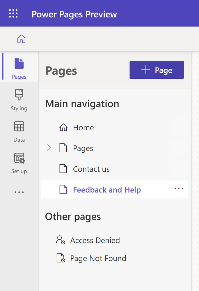 A picture showing the Pages workspace in Power Pages