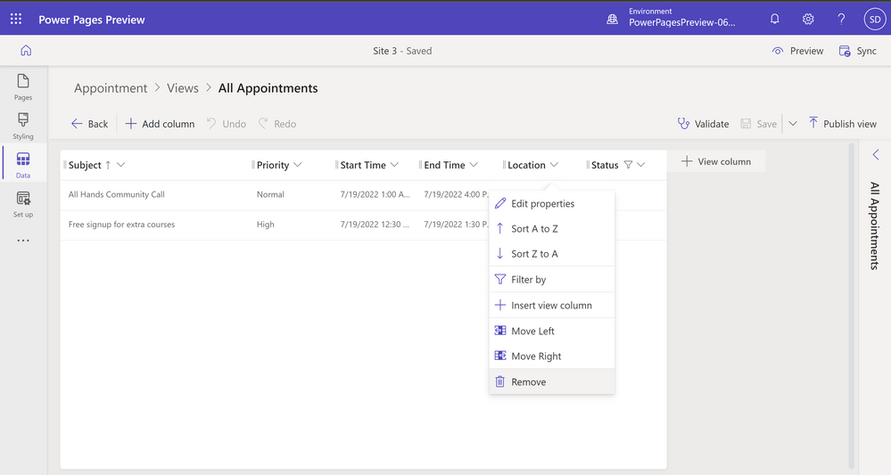 A picture showing how to edit the All Appointments List view