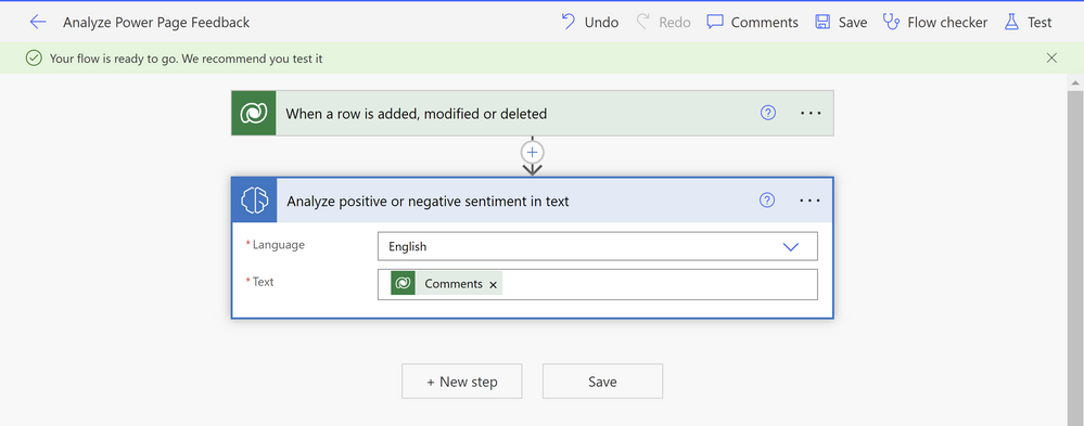 A picture showing AI Builder sentiment analysis model in Power Automate flow