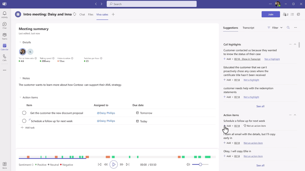 Viva Sales in the context of a meeting summary within Microsoft Teams.