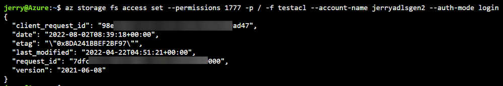 Azure CLI set ACL/Sticky Bit setting result