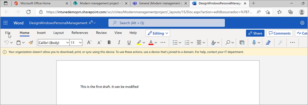 Screenshot showing an example warning message, “Your organization doesn’t allow you to download, print, or sync using this device,” on an example Microsoft Word document.