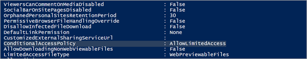 Screenshot of configuring the "ConditionalAcessPolicy" setting to "AllowLimitedAccess" in PowerShell.