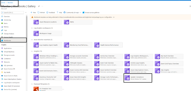 Find Update Compliance workbook template in Azure Monitor Workbooks Gallery