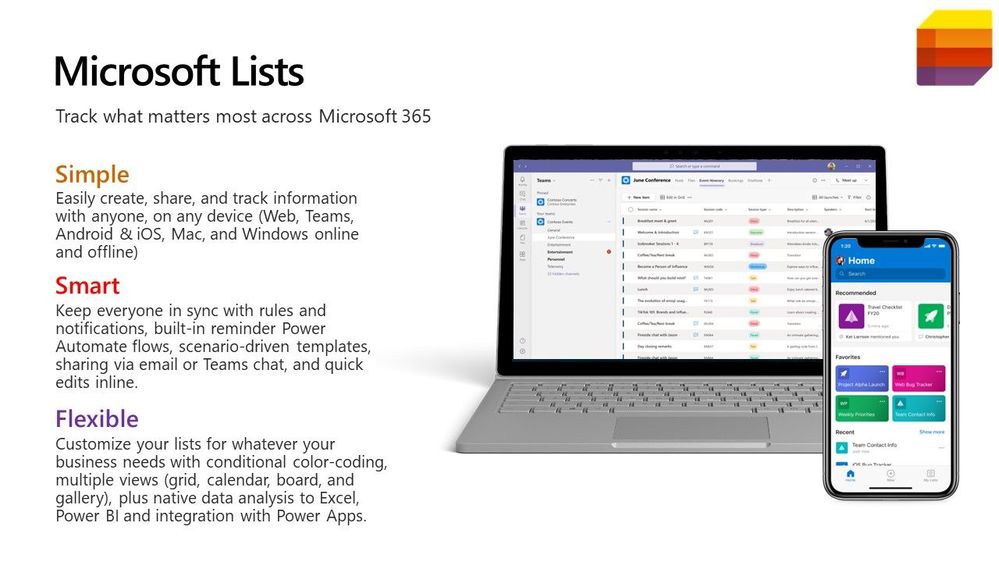A summary of value across Microsoft Lists as you use the app in Microsoft 365, Microsoft Teams, in SharePoint and while on the go with Lists for Android and iOS.