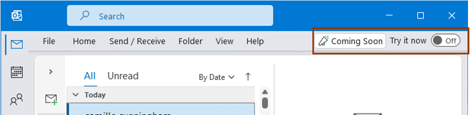 Figure 3: Coming Soon toggle in Outlook