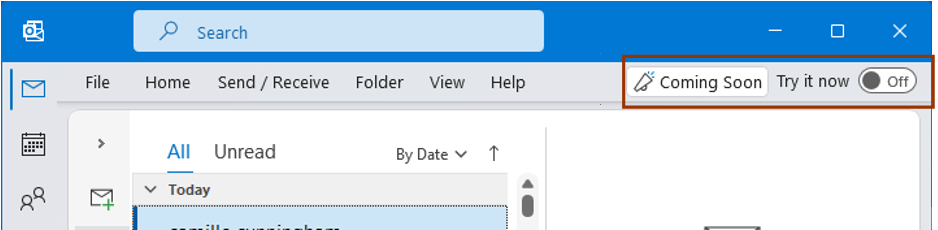 thumbnail image 3 captioned Figure 3: Coming Soon toggle in Outlook