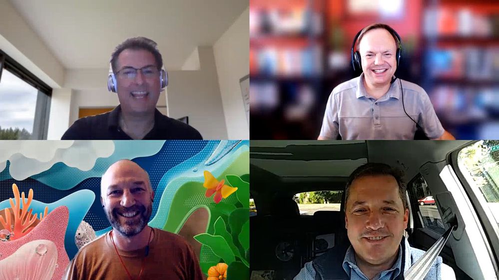 Intrazone guests and hosts during recording via Teams – clockwise from top left: Sean Emam (Principal GPM – Microsoft) [guest], Jon Farmer (Director – Microsoft) [guest], Chris McNulty ('in car' Director – Microsoft) [co-host], and Mark Kashman (Senior product manager – Microsoft) [co-host].