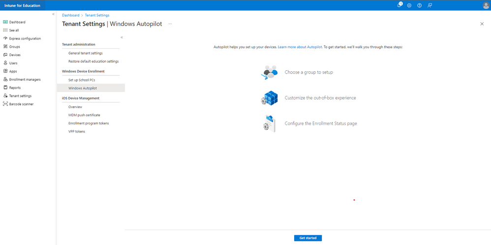 Figure 2: A screenshot of the Intune for Education portal, Tenant settings, Windows Autopilot with the options to choose a group, assign Autopilot profiles, and configure enrollment status page displayed.
