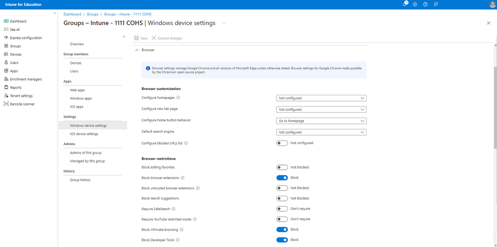 Figure 4: A screenshot of the Intune for Education portal, Windows device settings page with a list of Chrome and Edge customizations displayed.