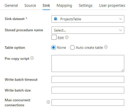 Sink data settings