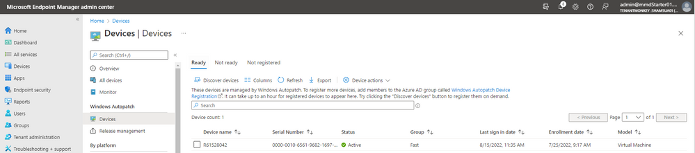 The Devices blade of the Windows Autopatch section in Endpoint Manger has a new tab, "Not registered".