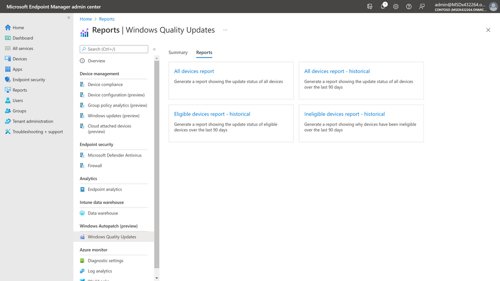Microsoft Endpoint Manager interface displays the options for Windows Quality Update reports for Windows Autopatch.