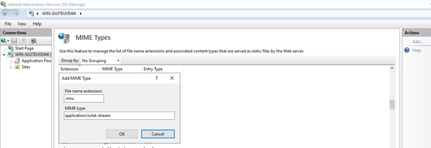 The MIME Types dialog in the Internet Information Services (IIS) Manager showing how to add a .msu file type
