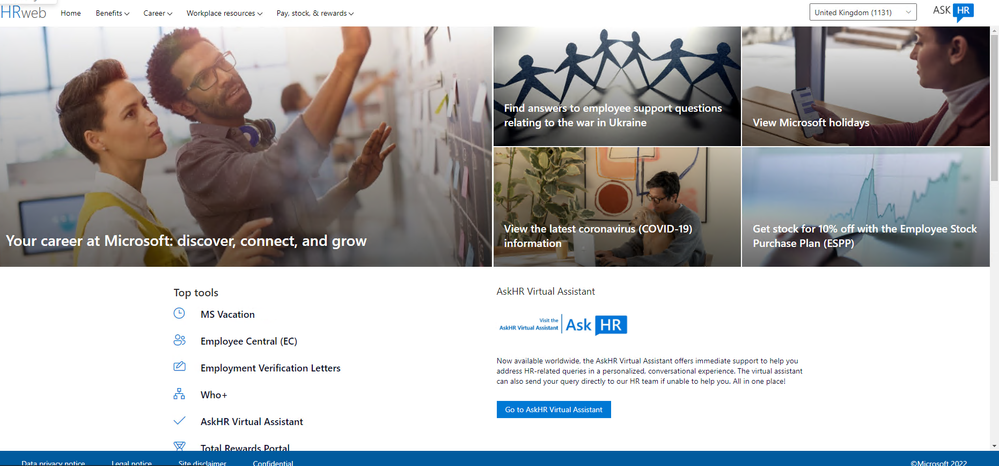 The homepage of Microsoft's HR portal running on modern SharePoint in Microsoft 365.