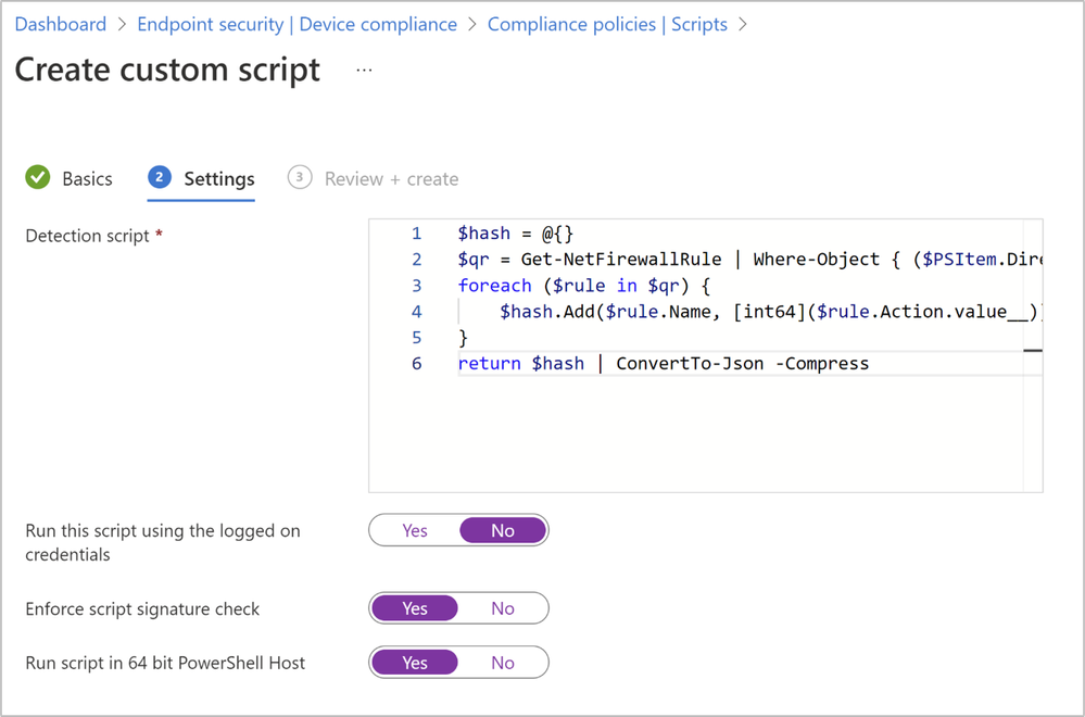 Figure 2: A screenshot of the Create custom script setup in Intune to create the Firewall rule detection script.