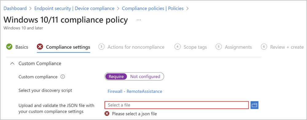 Figure 5: A screenshot of the Compliance policy settings Custom Compliance options.