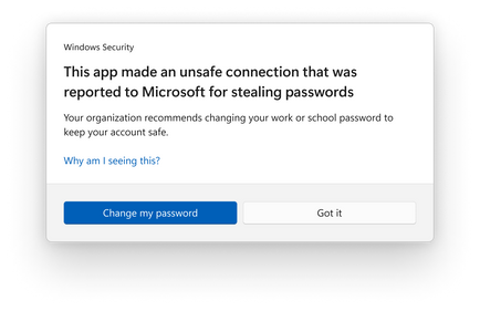 Pop-up Windows Security window stating, This app made an unsafe connection that was reported to Microsoft for stealing passwords.