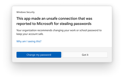 thumbnail image 1 captioned Pop-up Windows Security window stating, This app made an unsafe connection that was reported to Microsoft for stealing passwords.