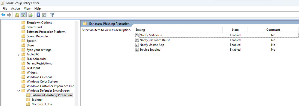 Screenshot showing how to enable enhanced phishing protection through Group Policy via the Local Group Policy Editor