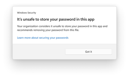 Windows Security pop-up notifying the user that it's unsafe to store their password in this app