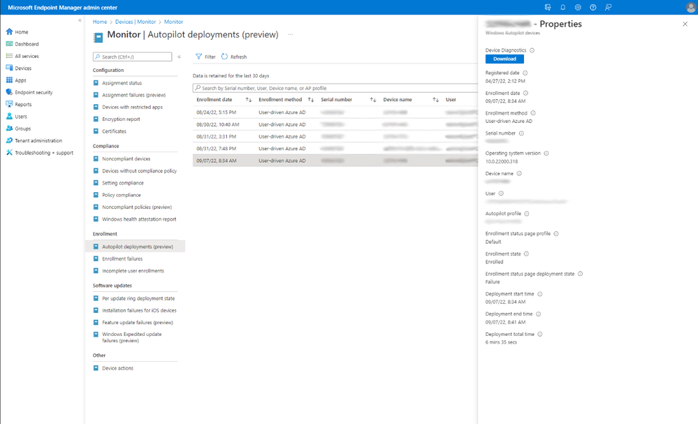 How device diagnostics download data appears in the Microsoft Endpoint Manager admin center