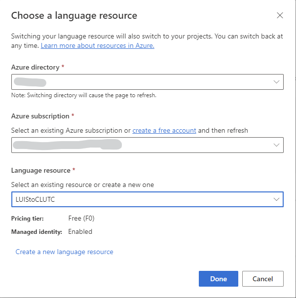 Choosing a Language resource in Language Studio