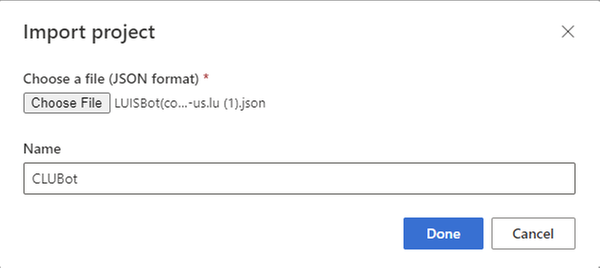 Dialog for importing LUIS model