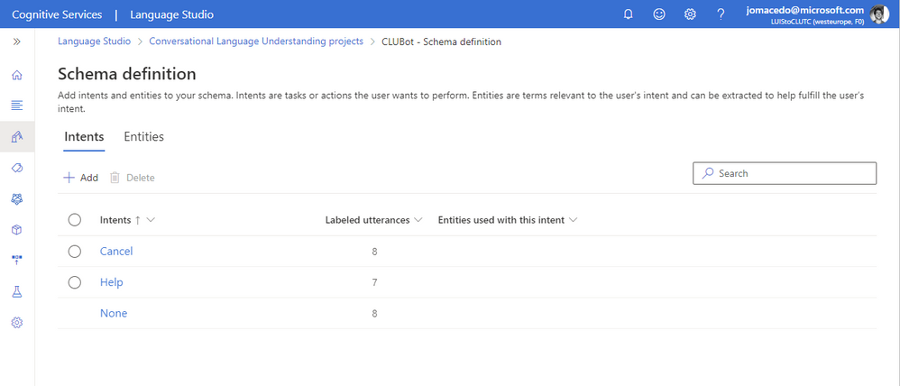 Schema definition for imported model in Language Studio