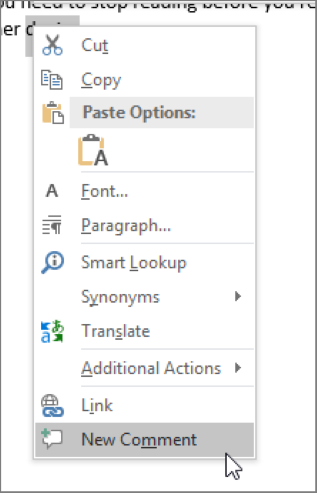 An image of a screenshot demonstrating how to create a new comment.