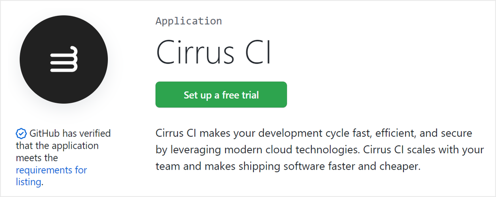 Figure 1: Screenshot of the Cirrus CI application on the GitHub marketplace. You can easily set up your free trial and start using Cirrus.