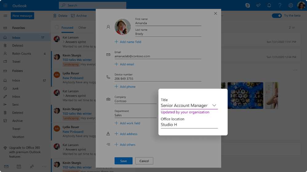 An image of the People card demonstrating the new self-updating contact feature (for enterprise users only) in OWA.