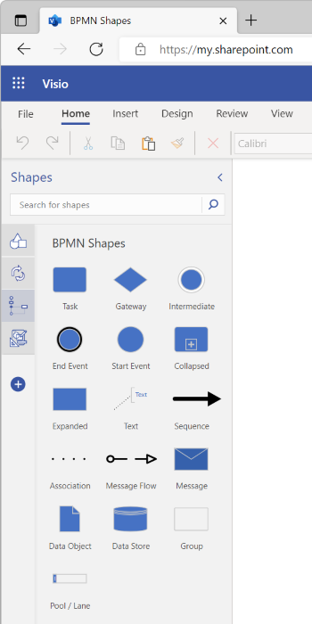 A cropped image of the Shapes pane in Visio for the web demonstrating how to access the shapes in the BPMN Shapes stencil.
