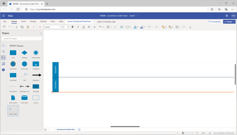 An image of a new drawing in Visio for the web demonstrating how to add a swimlane from the Shapes pane.